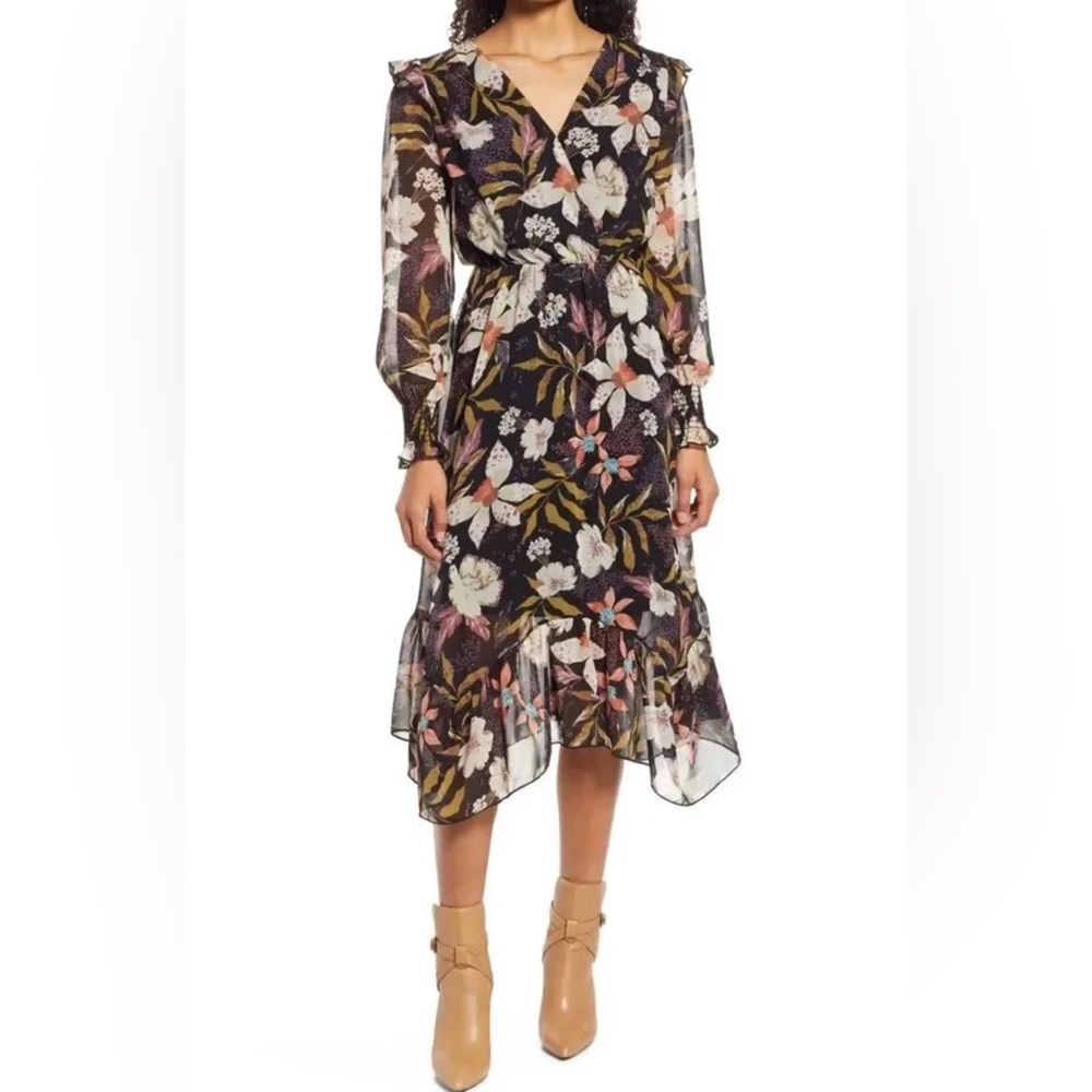 FRAICHE BY J Ruffle Long Sleeve Midi Dress floral‎ feminine flowy whimsy
